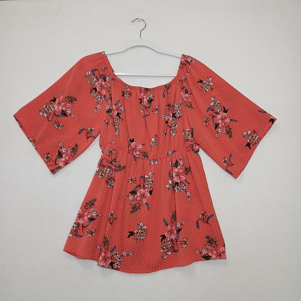 Boho Cottagecore Festive Peasant LA Gypsy Top Size Large Coral Polka Dot #1023